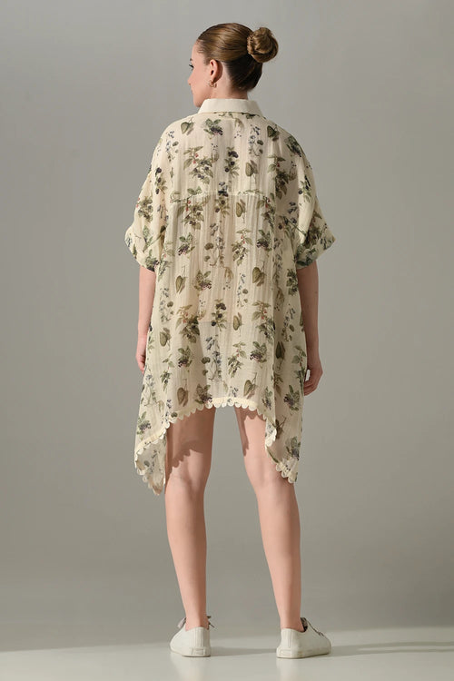 Cream Botanical Print Asymmetric High Low Tunic