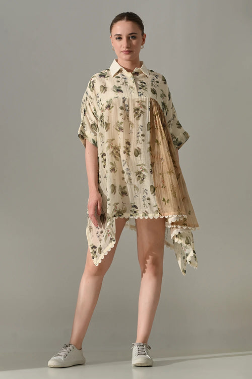 Cream Botanical Print Asymmetric High Low Tunic