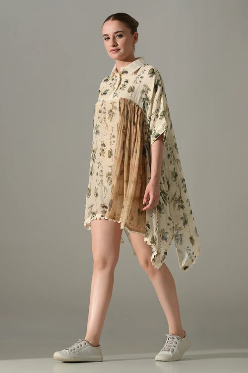Cream Botanical Print Asymmetric High Low Tunic