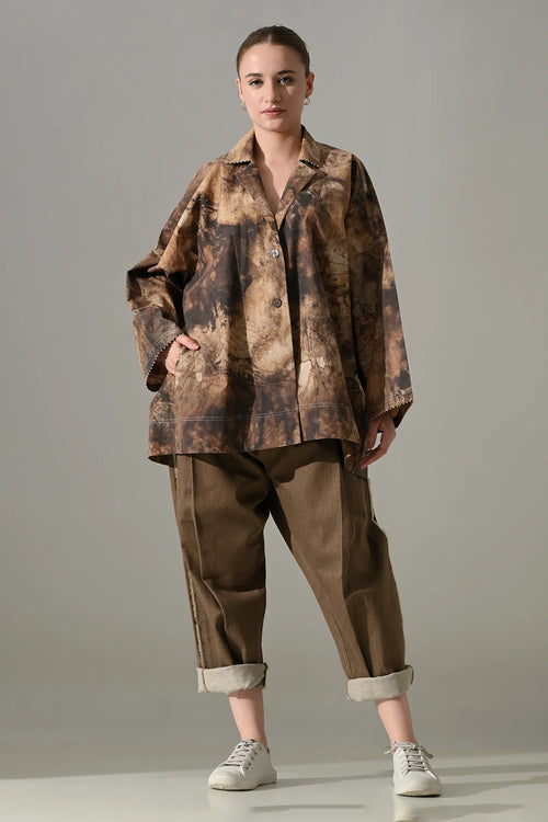 Earth Brown Tie-Dye Cotton Silk Shirt Pant Set