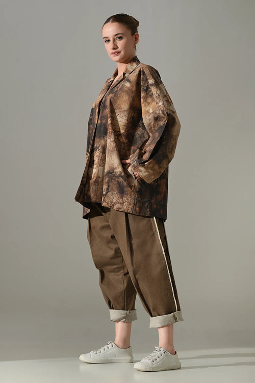 Earth Brown Tie-Dye Cotton Silk Shirt Pant Set