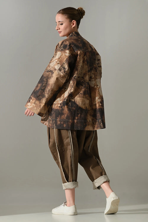 Earth Brown Tie-Dye Cotton Silk Shirt Pant Set