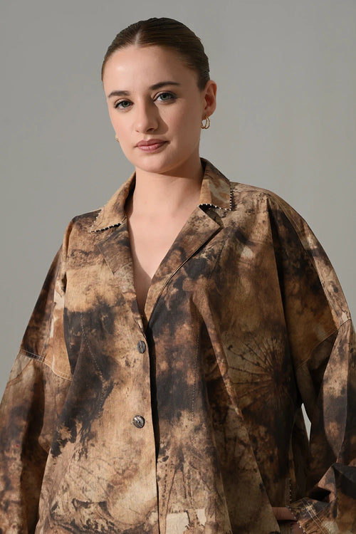 Earth Brown Tie-Dye Cotton Silk Shirt Pant Set