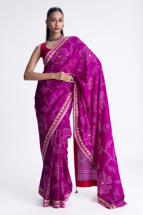 Mangenta Bandhani Silk Zardozi Embroidery Saree