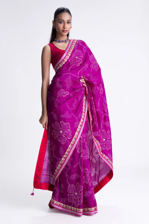Mangenta Bandhani Silk Zardozi Embroidery Saree