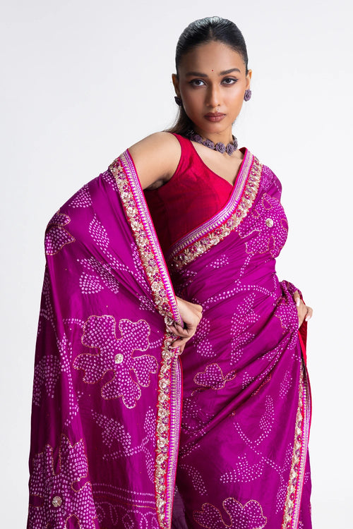 Mangenta Bandhani Silk Zardozi Embroidery Saree