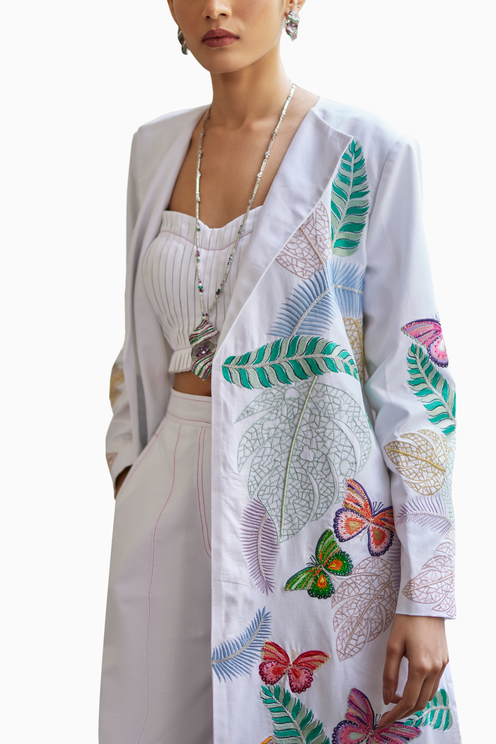 Butterfly Embroidered Jacket And Pants with Pleated Bustier