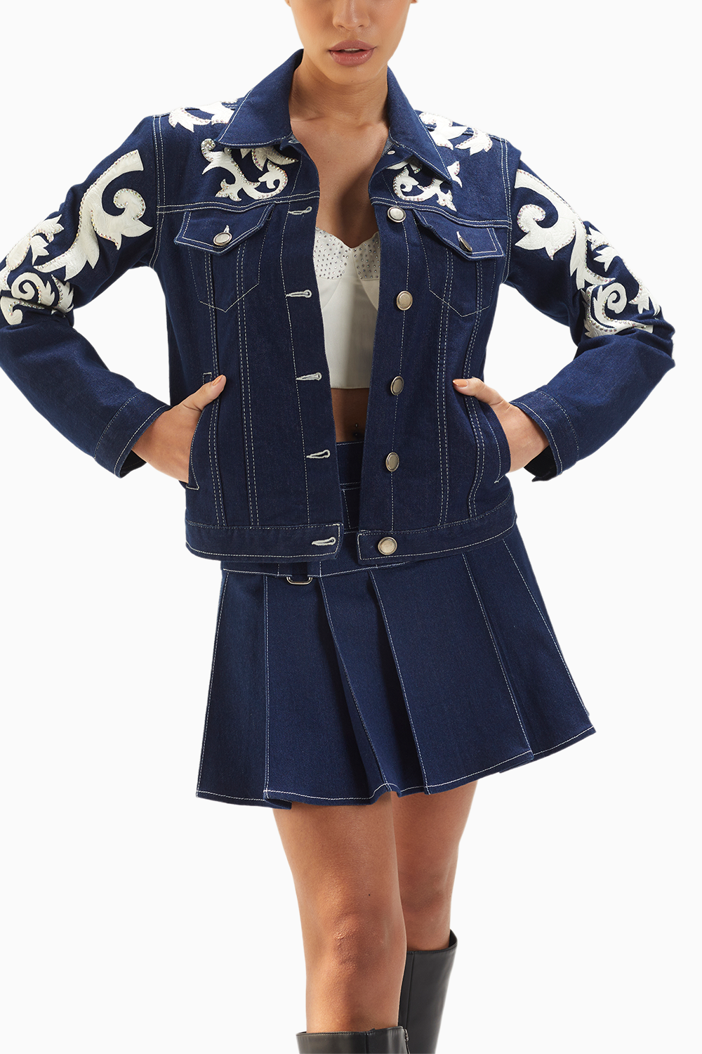 Dark Blue Leather Applique Denim Jacket With Pleated Skirt