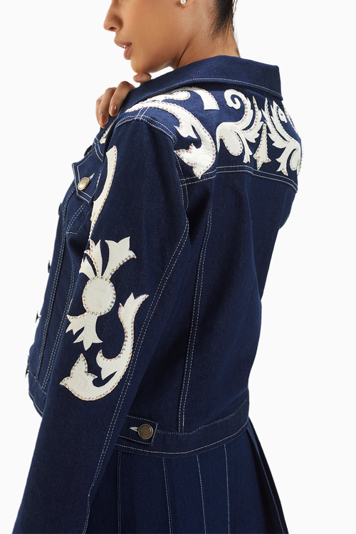 Dark Blue Leather Applique Denim Jacket With Pleated Skirt