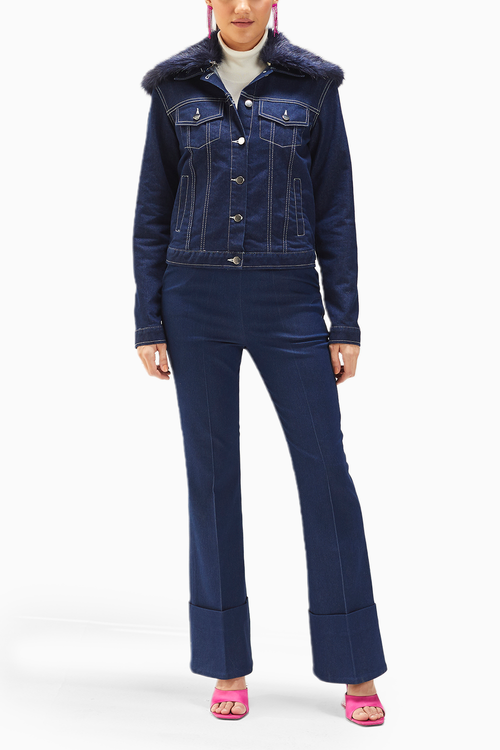 Dark Wash Blue Classic Denim Jacket With Fur Collar