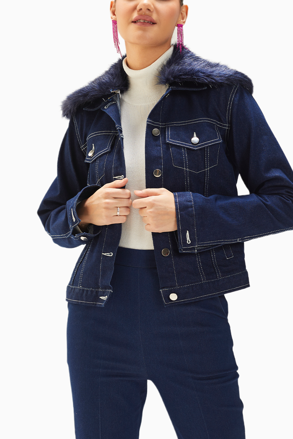 Dark Wash Blue Classic Denim Jacket With Fur Collar