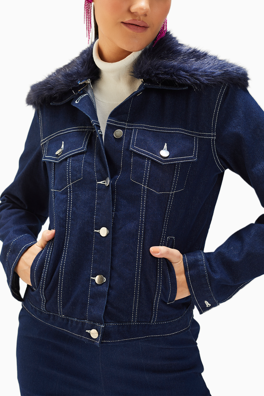 Dark Wash Blue Classic Denim Jacket With Fur Collar