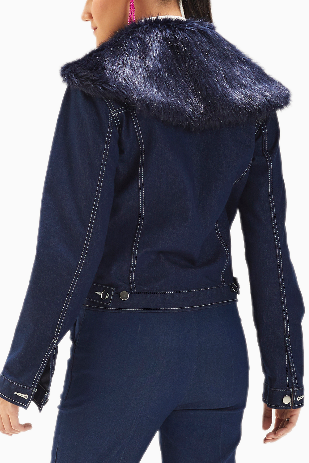 Dark Wash Blue Classic Denim Jacket With Fur Collar