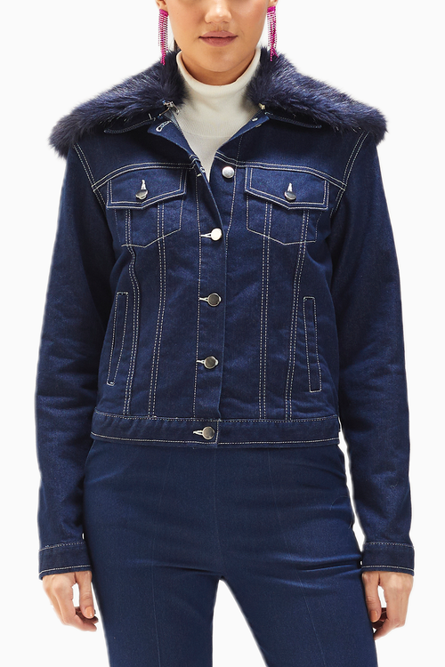 Dark Wash Blue Classic Denim Jacket With Fur Collar