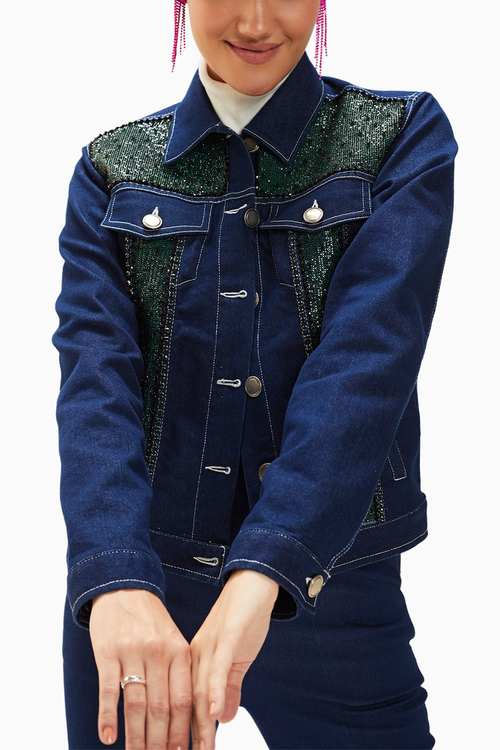 Dark Wash Blue Mesh Denim Jacket With Fur Collar