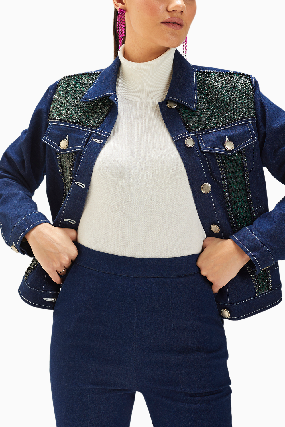 Dark Wash Blue Mesh Denim Jacket With Fur Collar