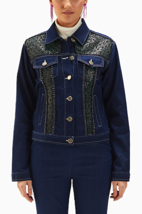 Dark Wash Blue Mesh Denim Jacket With Fur Collar