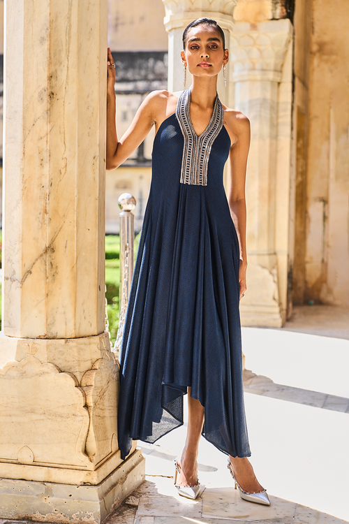 Embroidered Halter Metallic Maxi