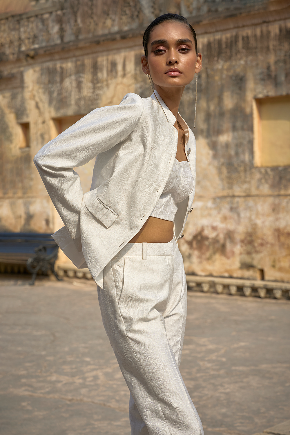 Ivory Jacquard Jacket with Bralette and Pant