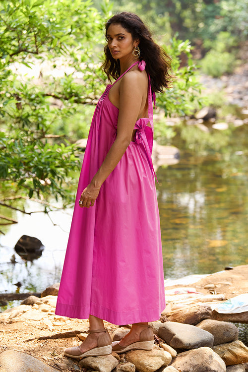 Fuchsia Poplin Midi Dress