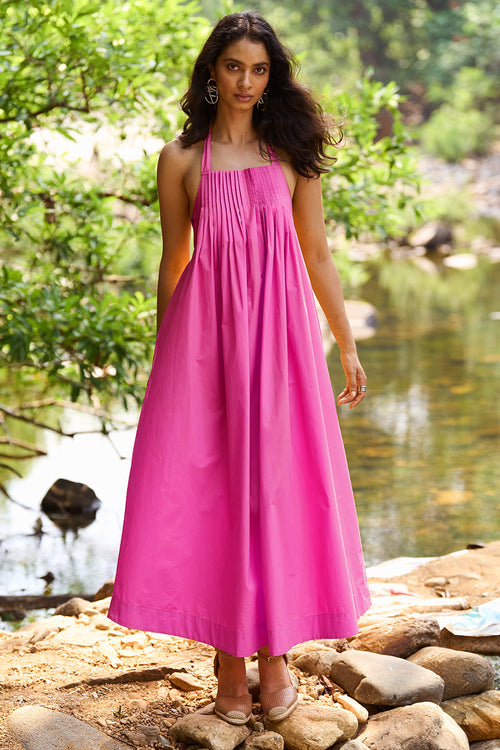 Fuchsia Poplin Midi Dress