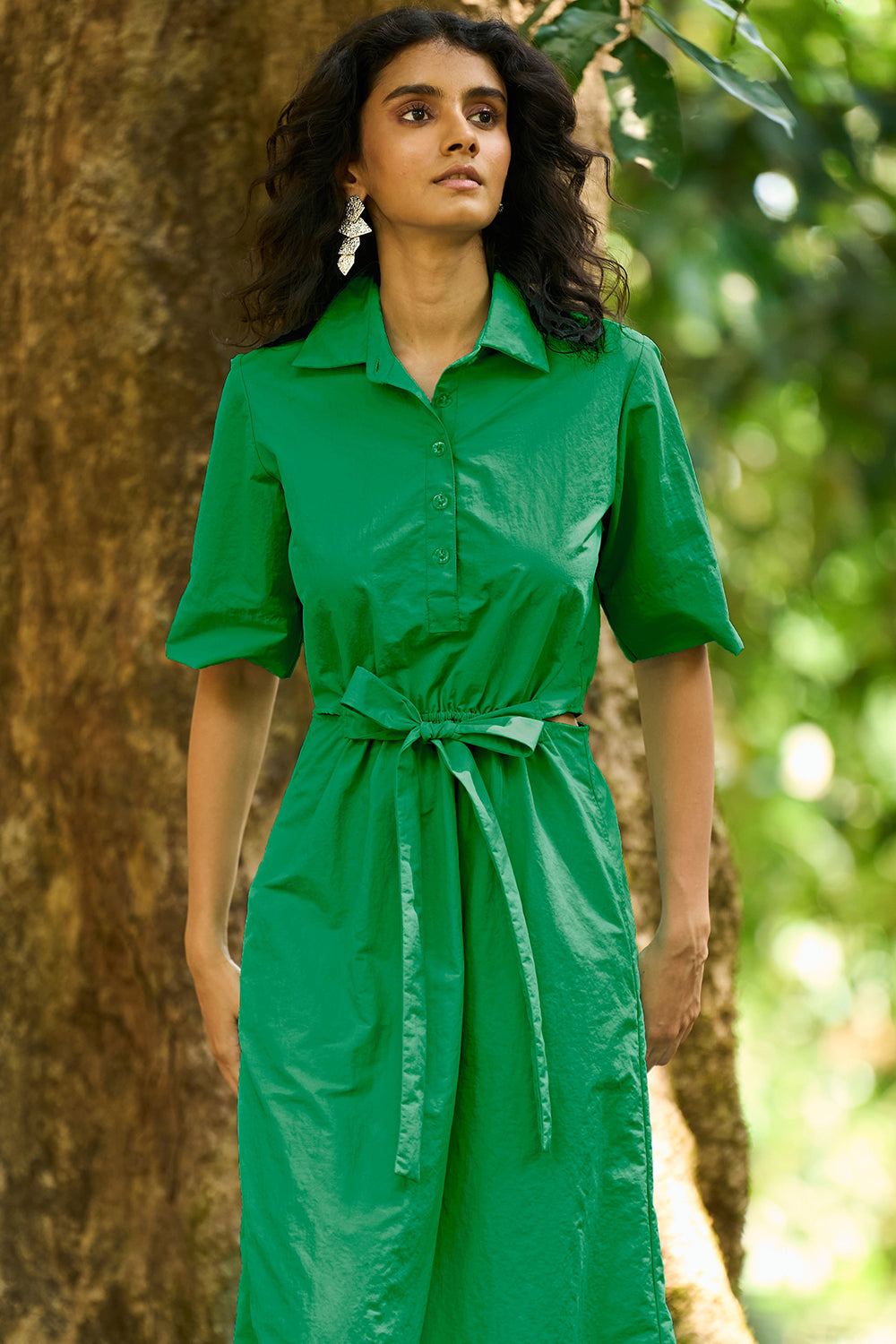 Front Tie Green Shirt Dress