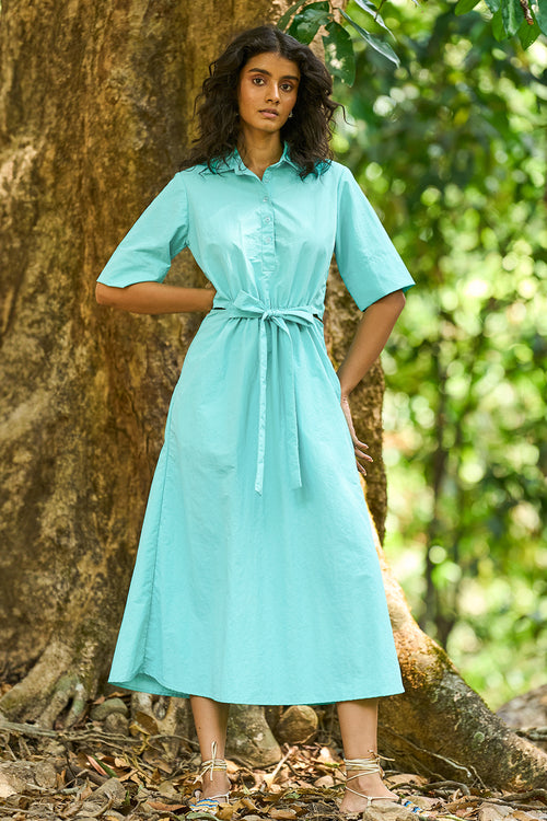 Front Tie Blue Shirt Dress
