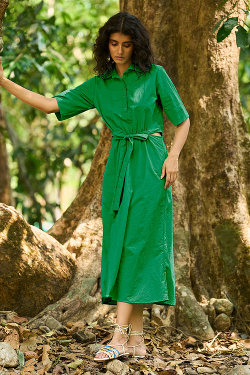 Front Tie Green Shirt Dress