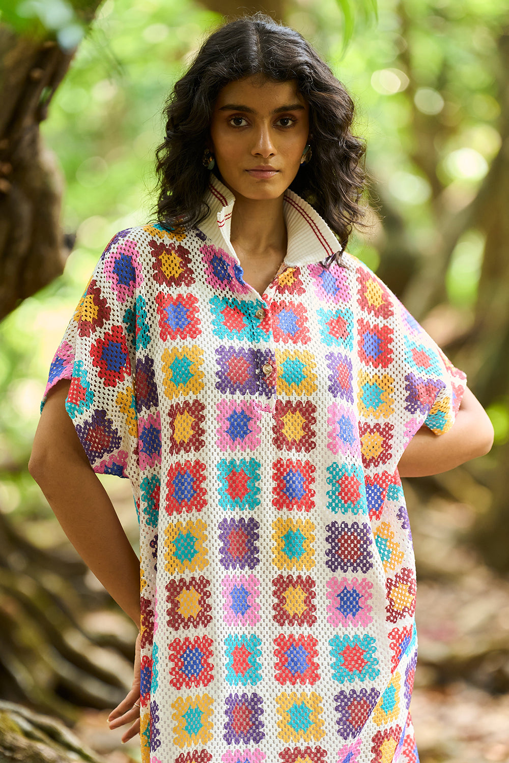 Crochet Print Midi Dress