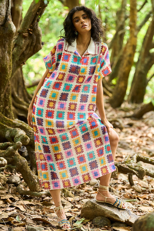 Crochet Print Midi Dress