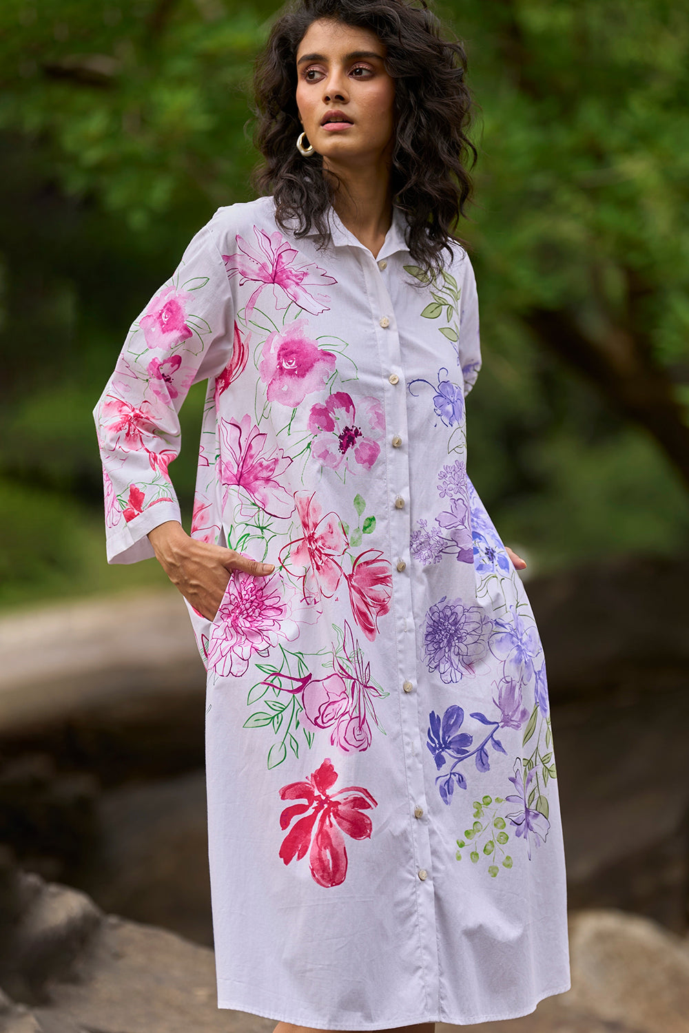 Asymmetric Floral Print Shirt Dress