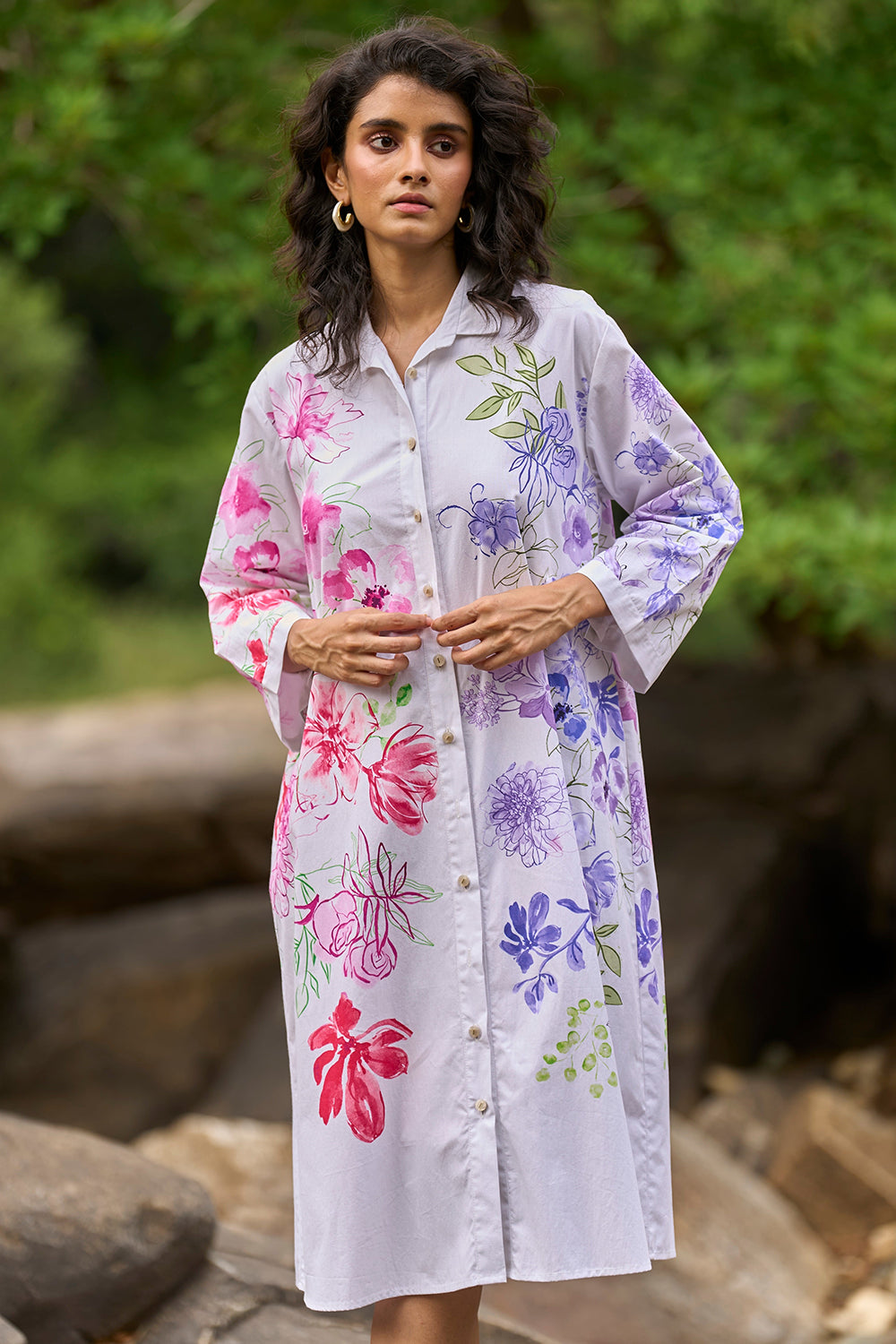Asymmetric Floral Print Shirt Dress