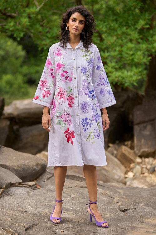 Asymmetric Floral Print Shirt Dress