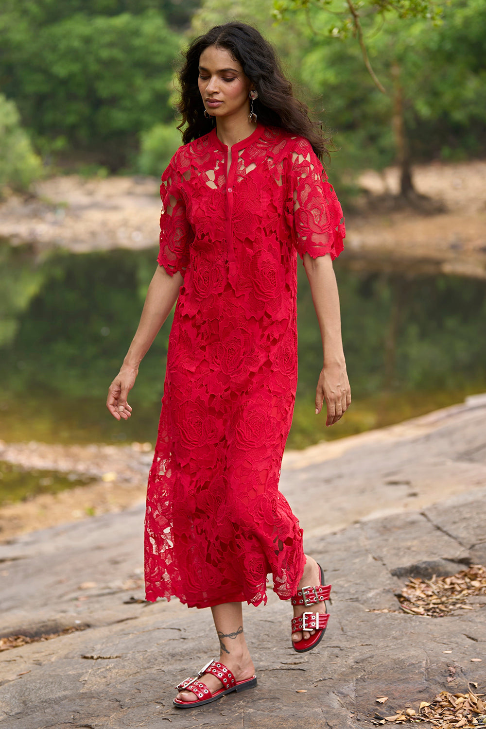 Red Lace Midi Dress