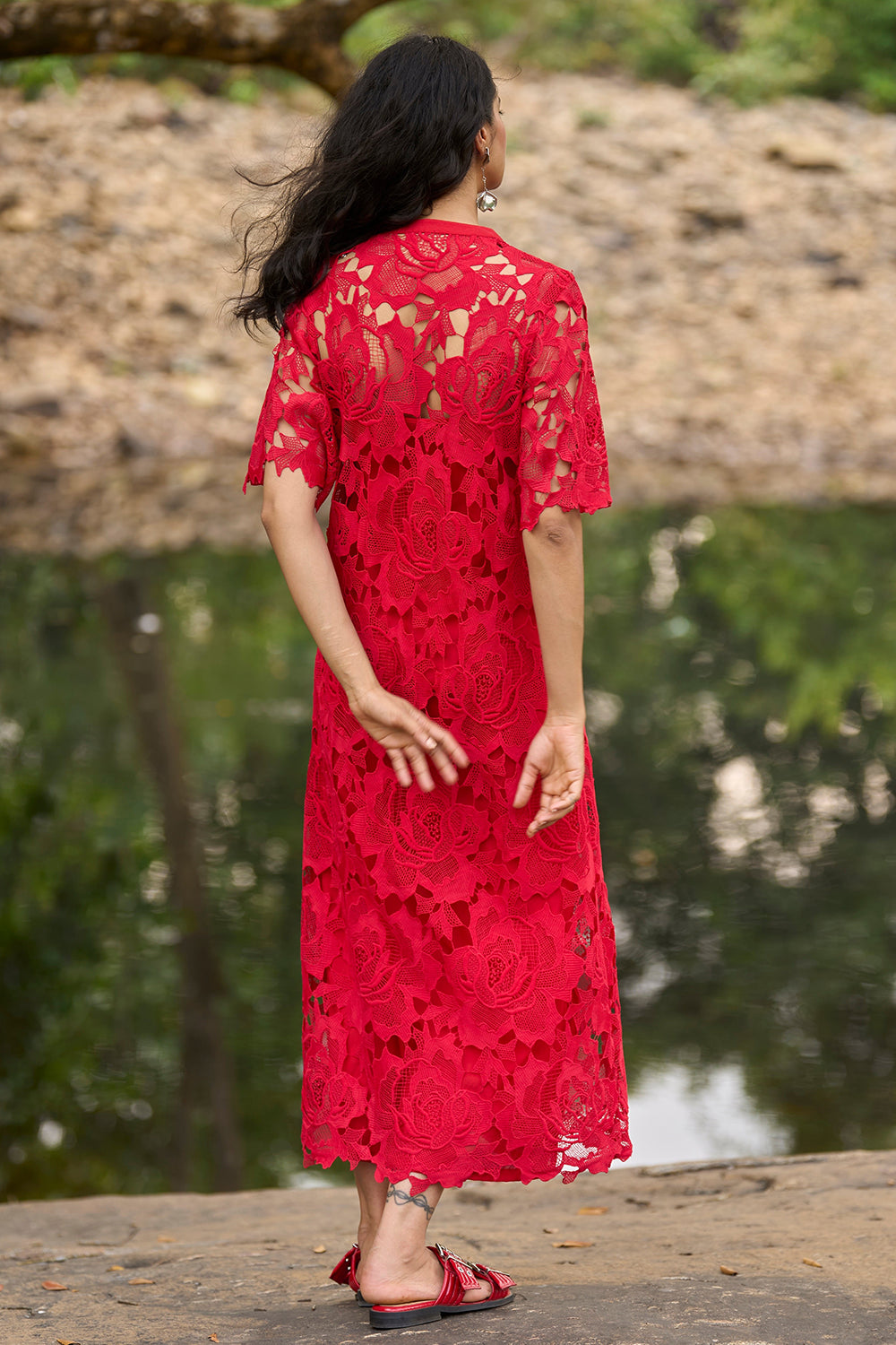 Red Lace Midi Dress