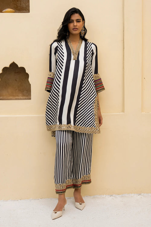 Embroidered Striped Top and Pant Set