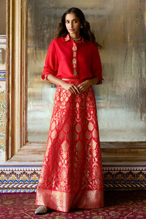 Embroidered Motif Textured Red Shirt