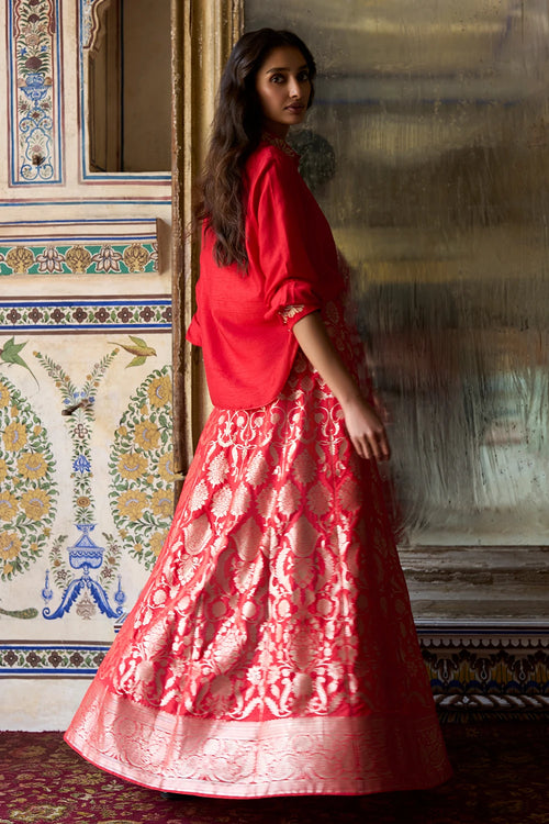 Embroidered Motif Textured Red Shirt