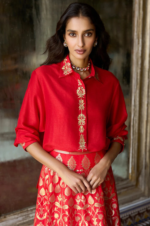 Embroidered Motif Textured Red Shirt