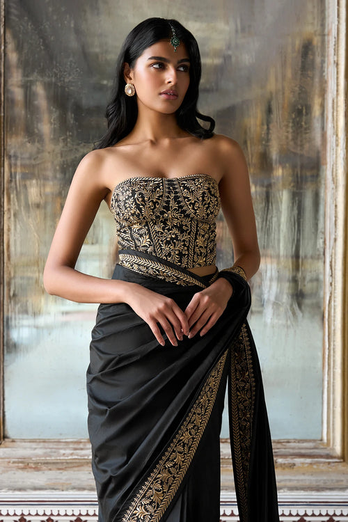 Metallic Thread Embroidered Bralette and Sari Drape Skirt Set