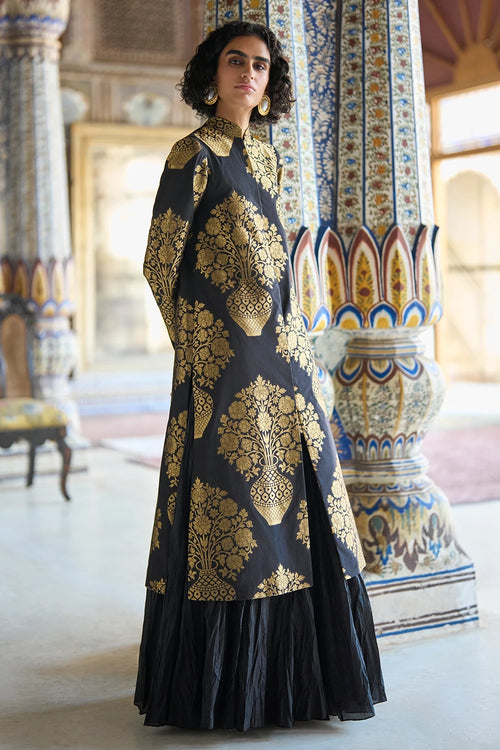 Benares Silk Brocade Jacket and Crushed Crinkle Maxi Skirt