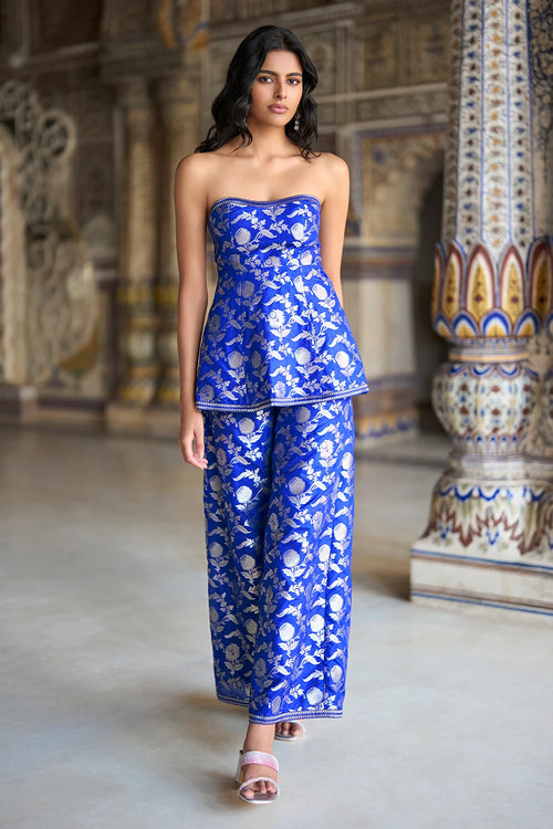 Benares Brocade Peplum Corset Top and Wide-Legged Pant Set