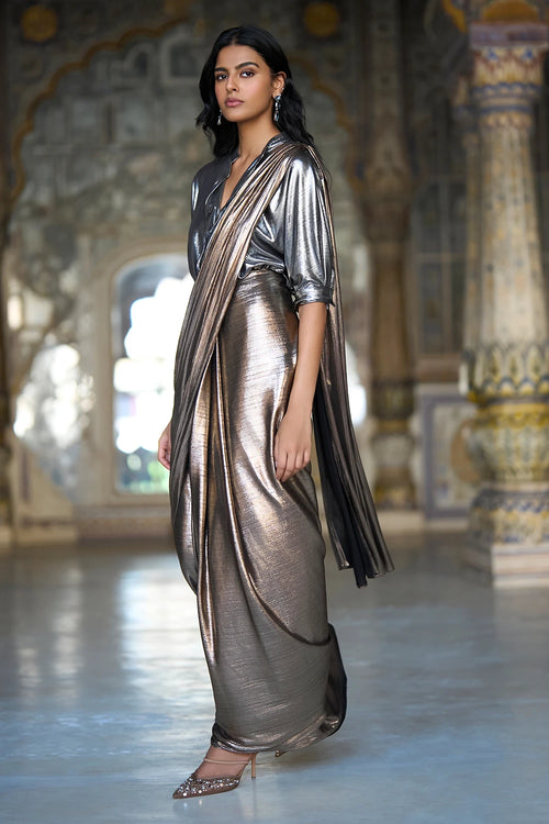 Textured Silver Lamé Shirt and Copper Sari Drape Skirt Set
