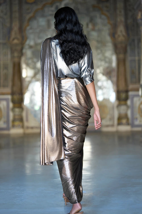 Textured Silver Lamé Shirt and Copper Sari Drape Skirt Set