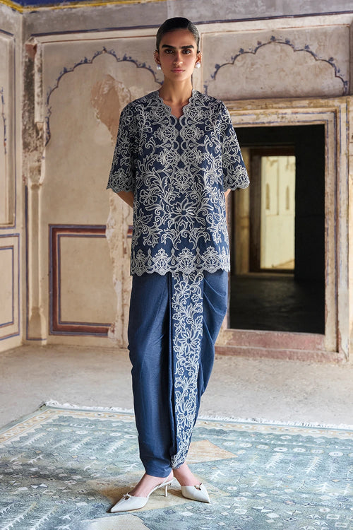 Metallic Thread Embroidered Scalloped Denim Top