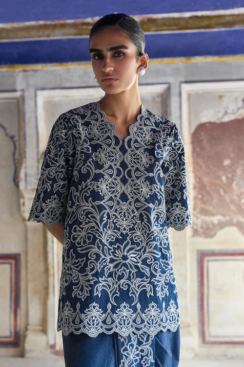 Metallic Thread Embroidered Scalloped Denim Top
