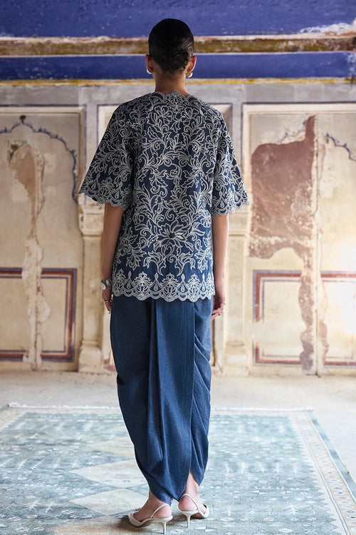 Metallic Thread Embroidered Scalloped Denim Top
