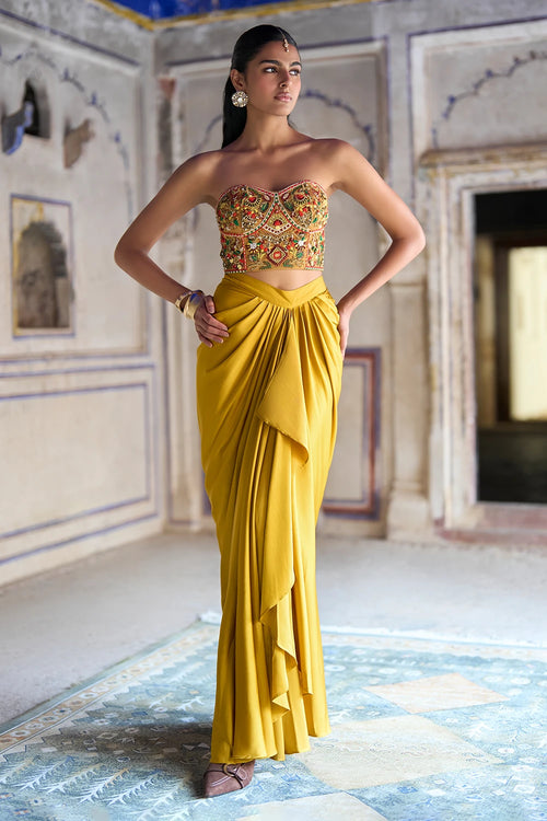 Sequin and Thread Embroidered Bralette and Satin Draped Skirt