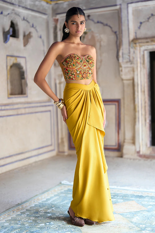Sequin and Thread Embroidered Bralette and Satin Draped Skirt