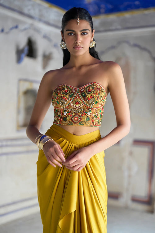 Sequin and Thread Embroidered Bralette and Satin Draped Skirt